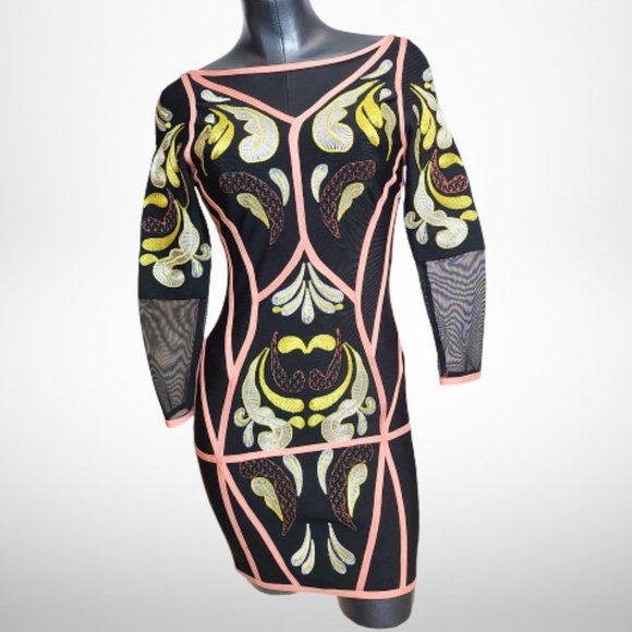 STUNNING HERVE LEGER FIT-AND-FLARE DRESS IN BUTTERFLY & PAISLEY JACQUARD - Picture 1 of 16